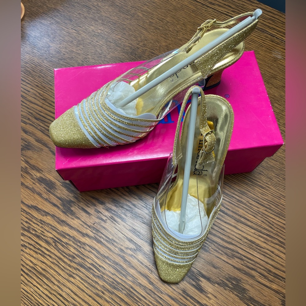 Vintage Sling Back Heels by Amanda, Gold & Clear Unique Shoes, SZ 9M
